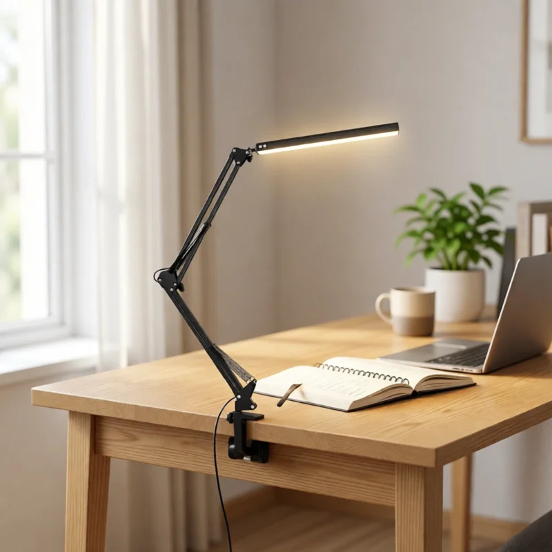 Lampe de bureau LED à pince, bras articulé en situation Lampe de bureau LED à pince, bras articulé sur un bureau