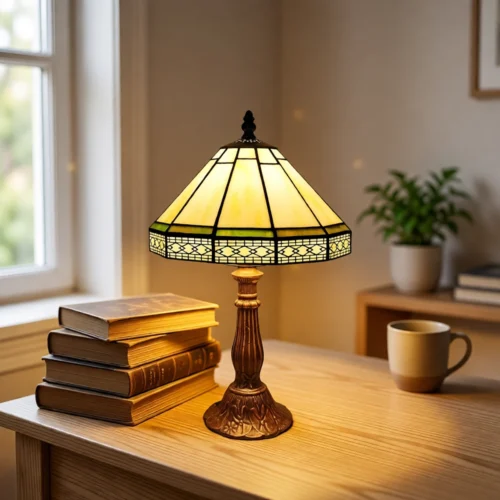 Lampe de table en vitrail géométrique crème et vert sur un bureau