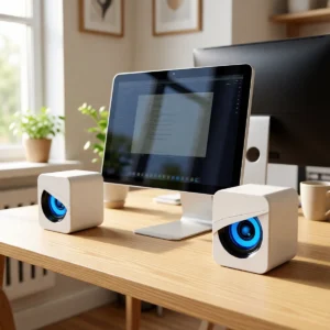 Mini enceintes de bureau USB, son stéréo en situation Mini enceintes de bureau USB, son stéréo sur un bureau