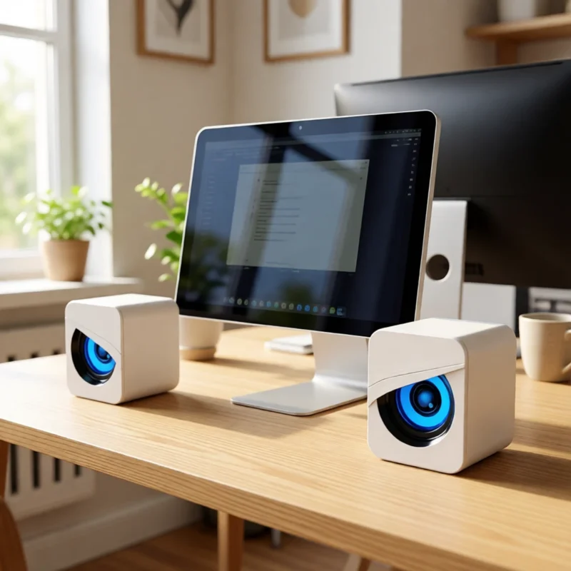 Mini enceintes de bureau USB, son stéréo en situation Mini enceintes de bureau USB, son stéréo sur un bureau