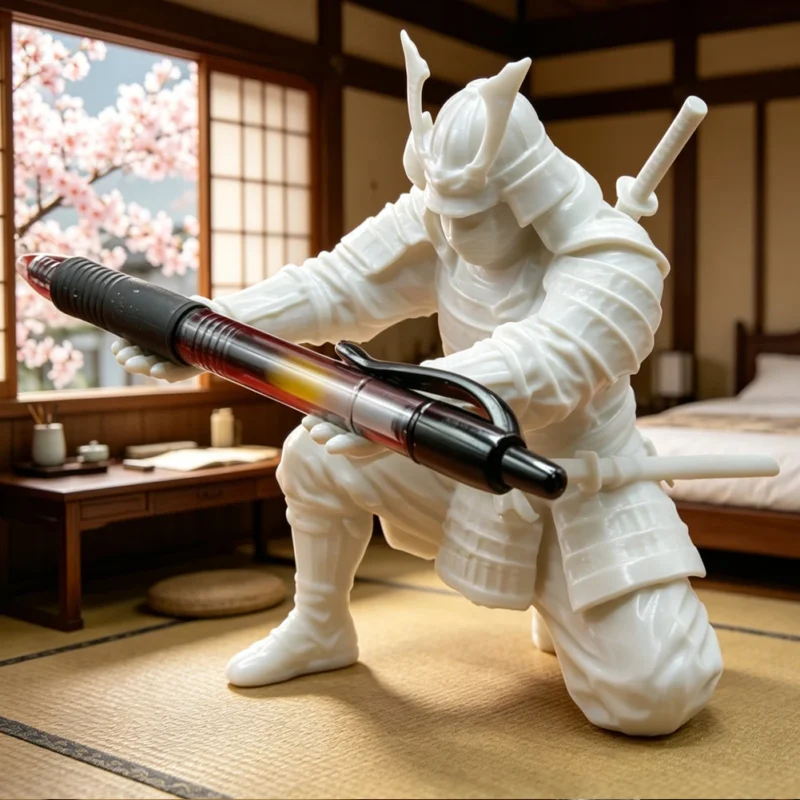 Porte-stylo figurine samouraï agenouillé – Blanc