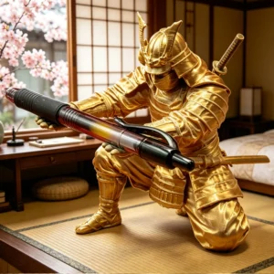 Porte-stylo figurine samouraï agenouillé – Doré