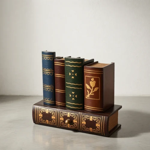 Pot à crayons en bois façon livres anciens, avec tiroir