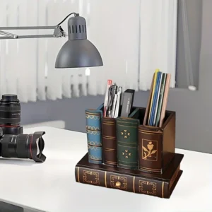 Pot à crayons en bois façon livres anciens, avec tiroir – vue 3 Pot à crayons en bois façon livres anciens, avec tiroir – vue 3