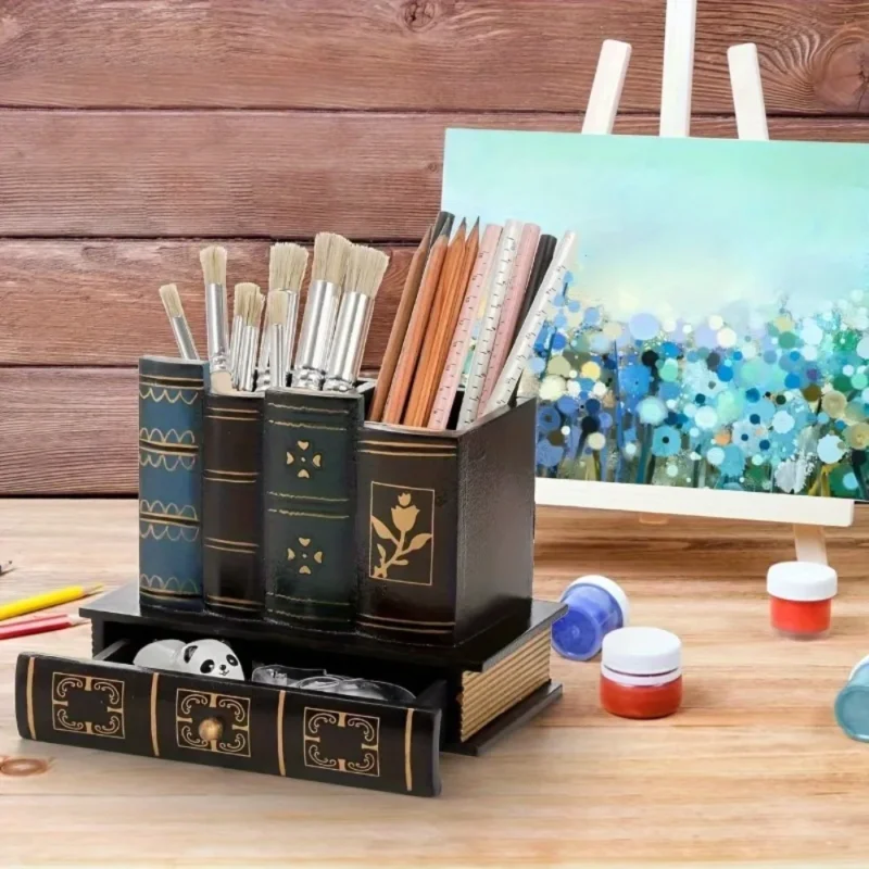 Pot à crayons en bois façon livres anciens, avec tiroir – vue 4 Pot à crayons en bois façon livres anciens, avec tiroir – vue 4