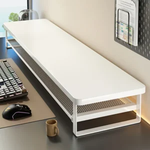 Rehausseur d’écran 70 cm avec étagère grillagée – Blanc