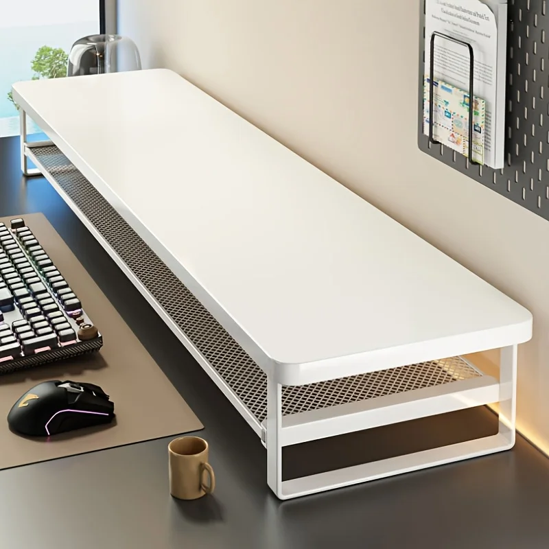 Rehausseur d’écran 70 cm avec étagère grillagée – Blanc