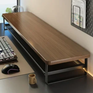 Rehausseur d’écran 70 cm avec étagère grillagée – Noyer et noir