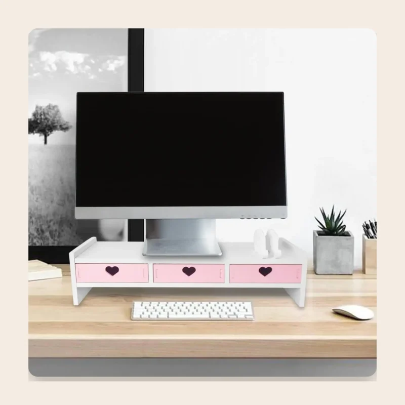 Réhausseur d’écran à tiroirs, rose ou blanc Réhausseur d’écran à tiroirs, rose ou blanc