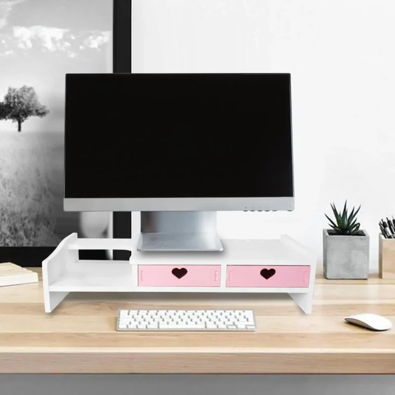 Réhausseur d’écran à tiroirs, rose ou blanc Réhausseur d’écran à tiroirs, rose ou blanc