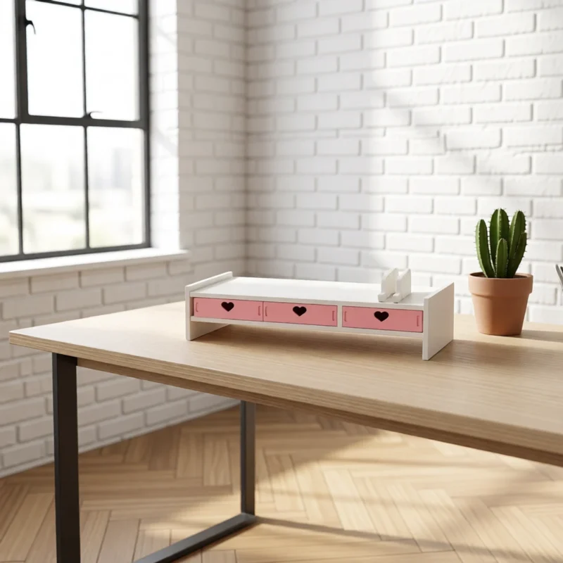 Rehausseur d’écran avec tiroirs cœur, rose et blanc Rehausseur d’écran avec tiroirs cœur, rose et blanc