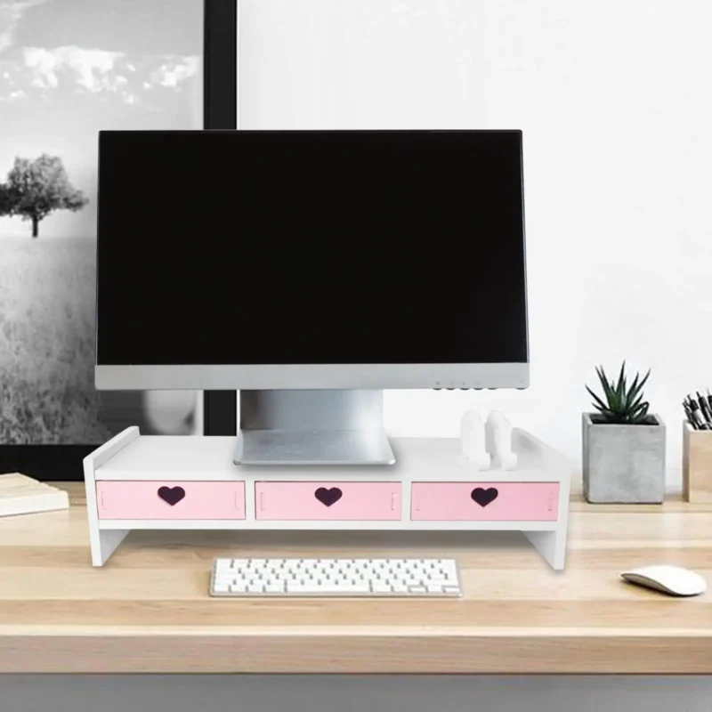 Réhausseur d’écran à tiroirs, rose ou blanc Réhausseur d’écran à tiroirs, rose ou blanc