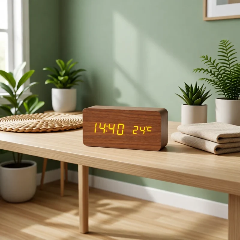 Réveil LED effet bois avec température – Bois foncé Réveil LED effet bois avec température – Bois foncé