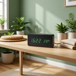 Réveil LED effet bois avec température – Noir, chiffres verts Réveil LED effet bois avec température – Noir, chiffres verts
