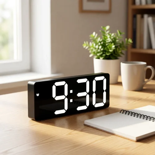 Réveil miroir LED silencieux, effet miroir sur un bureau