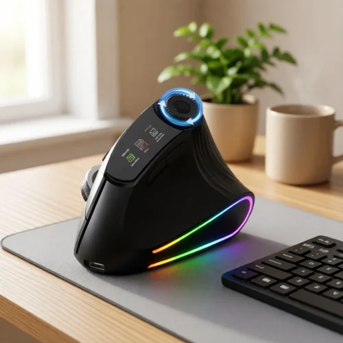 Souris verticale ergonomique rechargeable, molette métal sur un bureau