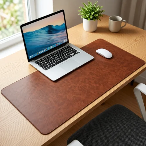 Sous-main en cuir synthétique effet vieilli en situation Sous-main en cuir synthétique effet vieilli sur un bureau