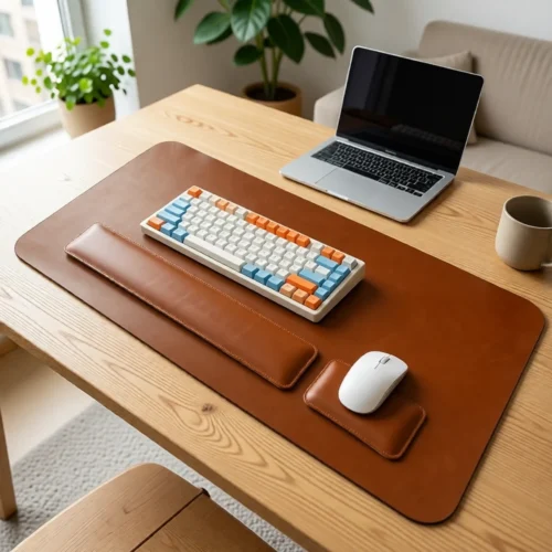 Sous-main en cuir véritable pleine fleur, fait main sur un bureau