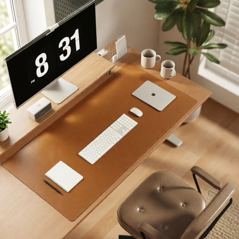 Sous-main en simili cuir, 10 coloris en situation Sous-main en simili cuir, 10 coloris sur un bureau