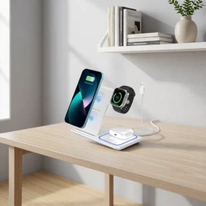 Station de charge sans fil 3 en 1 (téléphone, montre, écouteurs) – Blanc Station de charge sans fil 3 en 1 (téléphone, montre, écouteurs) – Blanc