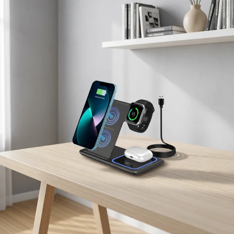 Station de charge sans fil 3 en 1 (téléphone, montre, écouteurs) – Noir Station de charge sans fil 3 en 1 (téléphone, montre, écouteurs) – Noir