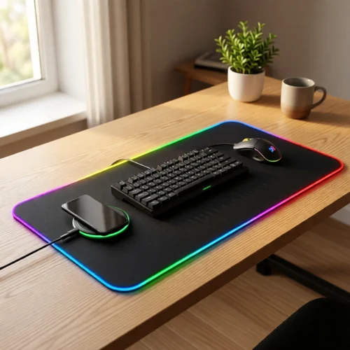 Tapis de souris RGB avec chargeur sans fil intégré en situation Tapis de souris RGB avec chargeur sans fil intégré sur un bureau