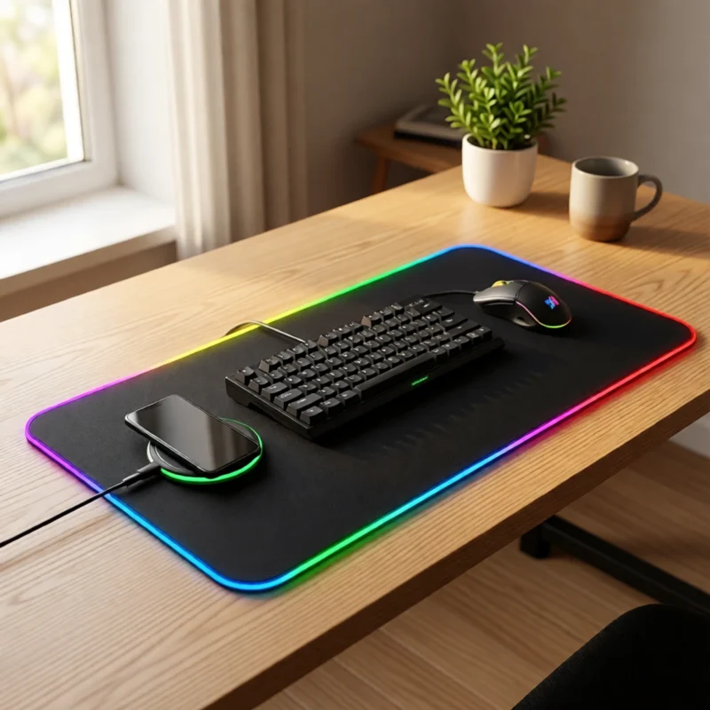 Tapis de souris RGB avec chargeur sans fil intégré sur un bureau