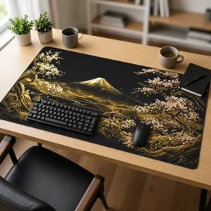 Tapis de souris XXL noir et or « Mont Fuji » en situation Tapis de souris XXL noir et or « Mont Fuji » sur un bureau